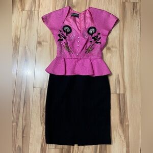 Vintage Ted Lapidus Couture Paris Prom Dress Hot Pink & Black Beaded Peplum 4/6